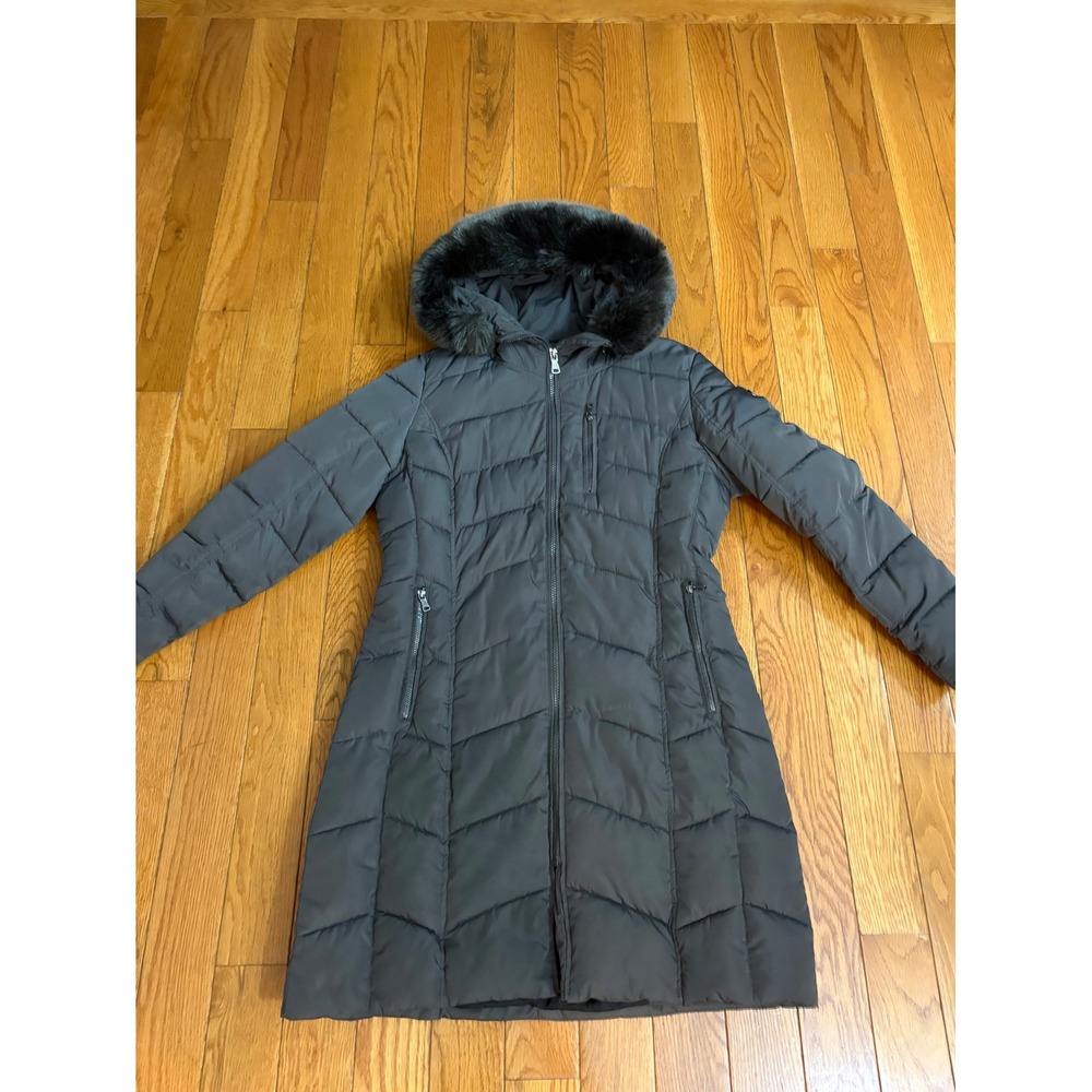 Calvin Klein Womens Charcoal Gray Faux Fur Trim Hooded Puffer Coat Size Medium